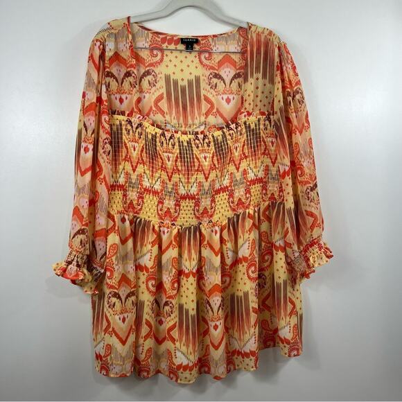 Torrid Yellow Orange Tribal Smocked Ruffle Square Neck Sheer Sleeve Blouse 3X - Picture 12 of 14